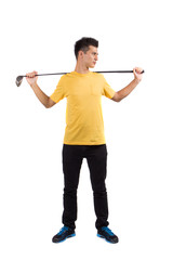 Portrait of young golf player, isolated on white background