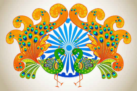 vector illustration of Indian flag colored decorated peacock