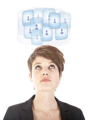 Young woman looking at her virtual friends isolated on white