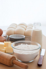 Baking ingredients with bread dough in tin.