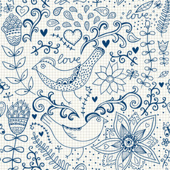 Winter time seamless texture with flowers, birds and butterflies