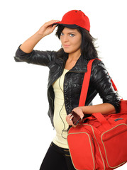 Young woman with bag and mobile.