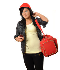 Young woman with bag and mobile.