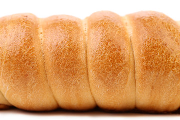 Baked hot dog. Macro.