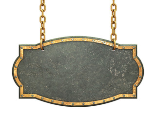 Empty metal signboard hanging on brass chains
