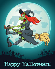 The witch flying on a broom at full moon