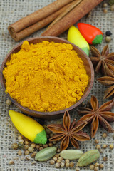 Indian spices and fresh chili peppers on jute surface