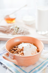 Fitness breakfast with healthy muesli and seeds