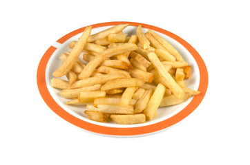 Plate with french fries on a white background.