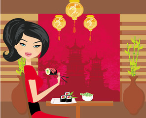 beautiful girl enjoy sushi