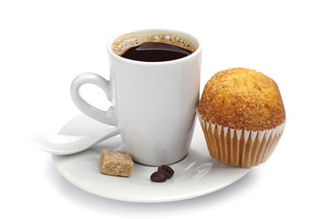 Cup of hot coffee and cupcake