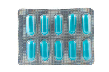 Blue hard capsule in transparent blister pack