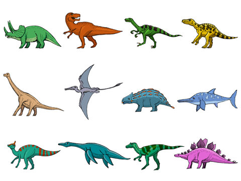 set of different dinosaurs