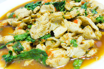 thai spicy food,fried chicken with basil leaves