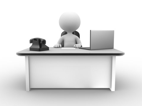 3d people - man , person at a office with a laptop and a phone