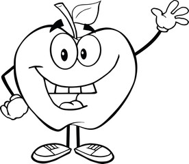 Outlined Smiling Apple Cartoon Character Waving For Greeting