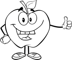 Outlined Smiling Apple Cartoon Character Holding A Thumb Up