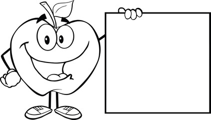 Outlined Happy Apple Cartoon Character Showing A Blank Sign
