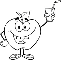 Outlined Smiling Apple Character Holding A Glass With Drink