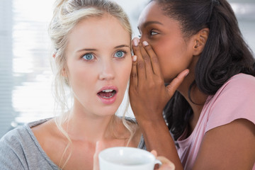 Young woman whispering secret to her friend