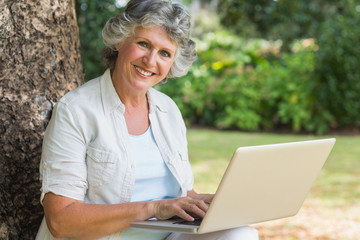 Cheerful mature woman using a laptop sitting on tree trunk