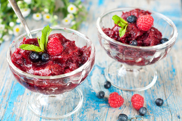 fresh raspberry granita and mint (blueberry, berries).