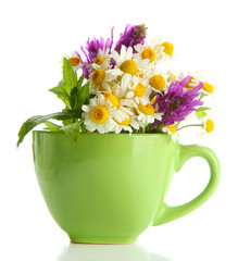 Beautiful wild flowers and mint in cup, isolated on white