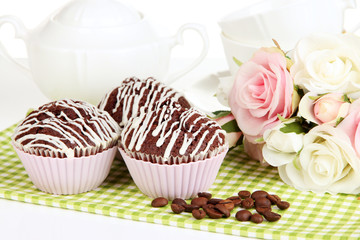 Sweet chocolate cupcakes close up
