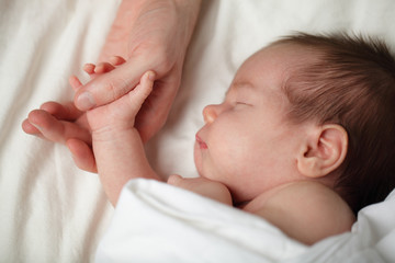 Happy newborn - baby sleeping and holding his father's hand