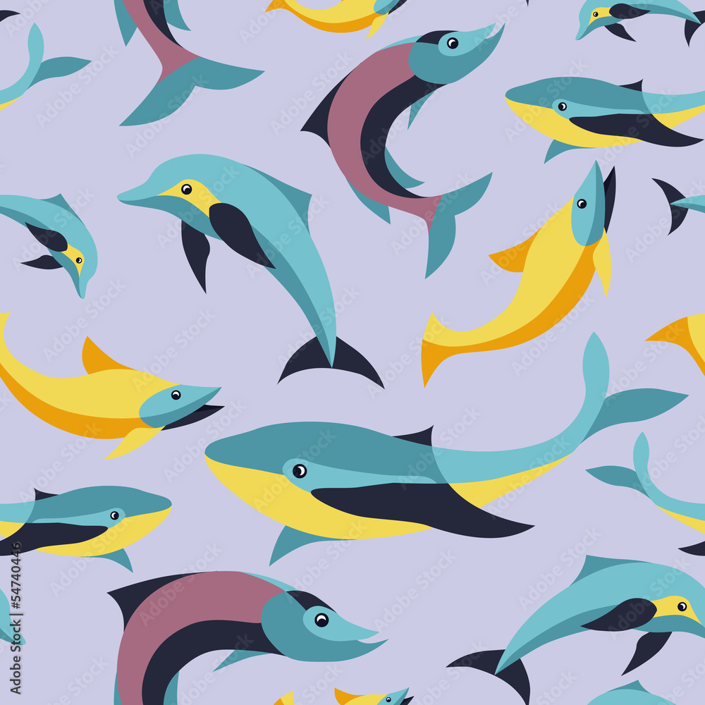 Poster Vector seamless pattern with fishes in flat style