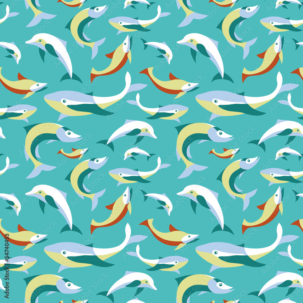 Poster Vector seamless pattern with fishes in flat style