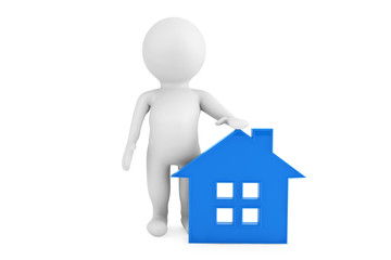 3d person standing near to the blue house