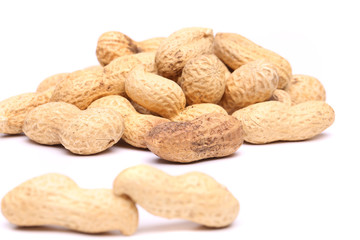 Two peanuts in closeup on the peanut background