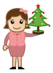 Girl Holding Christmas Tree - Business Cartoon Character