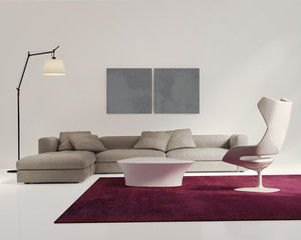 Contemporary elegant living room, grey sofa, white wood floor