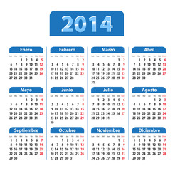 Blue glossy calendar for 2014 year in Spanish