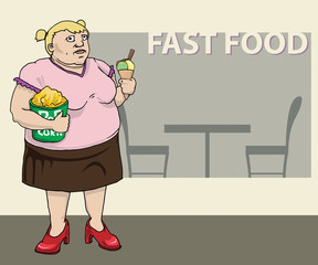 Plump Woman  inside fast food restaurant, vector illustration