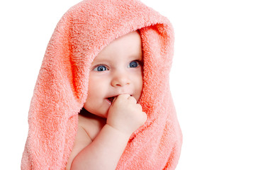 Laughing baby after bath