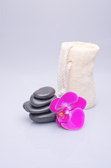 Massage stones, sponge and orchid on a white background