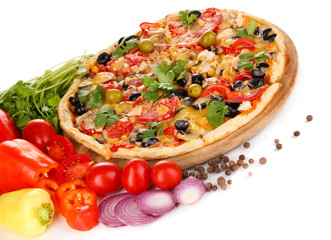 Delicious pizza with ingredients around isolated on white