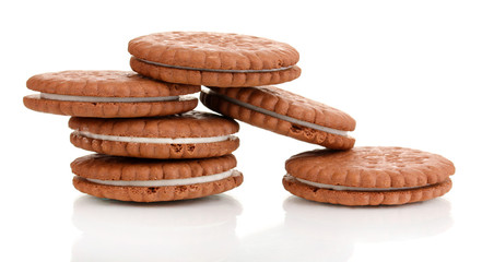Chocolate cookies with creamy layer isolated on white