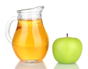 Full jug of apple juice and apple isolated on white