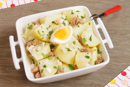 Potato salad with tuna fish, green onion and boiled egg