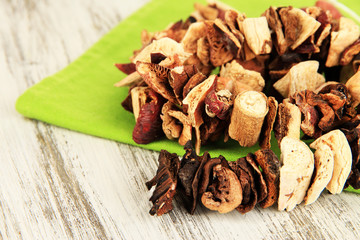 Dried mushrooms on wooden background