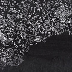 Chalk floral corner on chalkboard blackboard. Ornamental round l