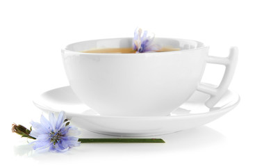 Cup of tea with chicory, isolated on white