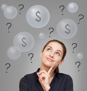 Confusion Business Woman Thinking About Earning Money. Money Con