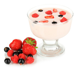 Delicious yogurt with fruit isolated on white