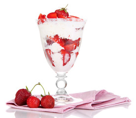 Natural yogurt with fresh strawberries isolated on white
