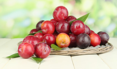Ripe plums in basket on wooden table on natural background